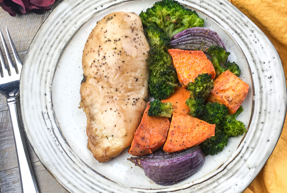 Balsamic Chicken Breasts with Roasted Sweet Potatoes and Broccoli