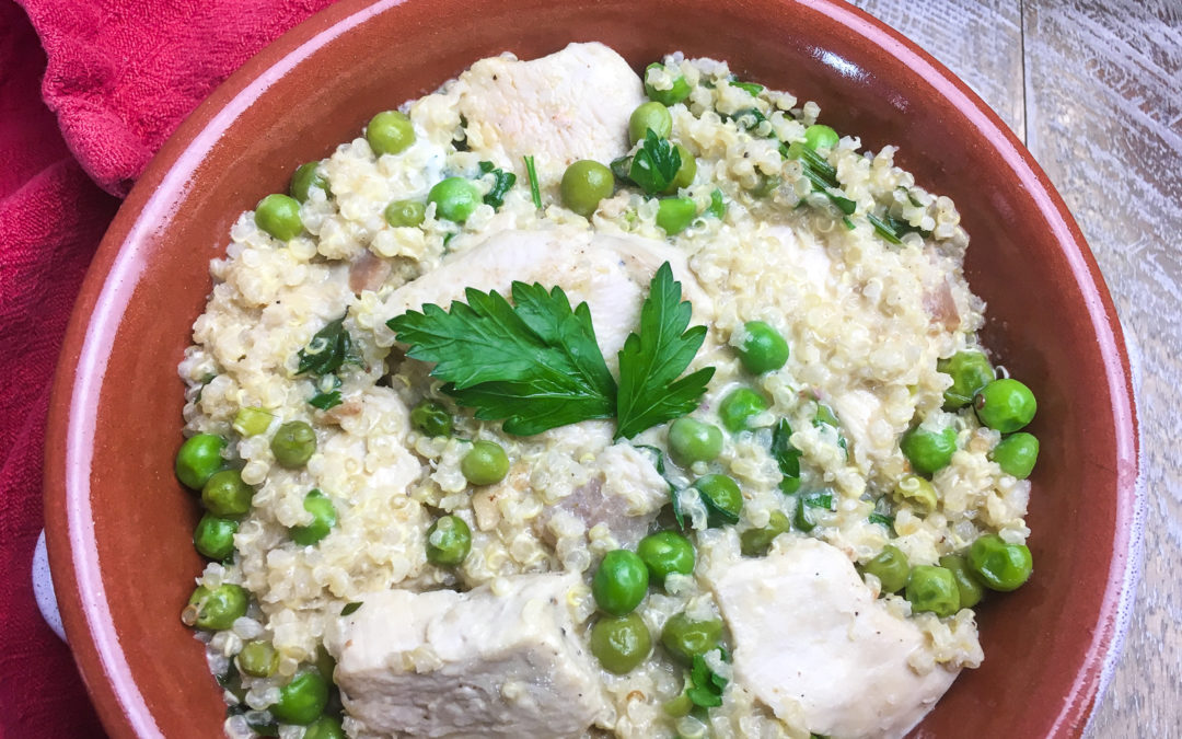 One – Skillet Creamy Chicken Quinoa with Peas