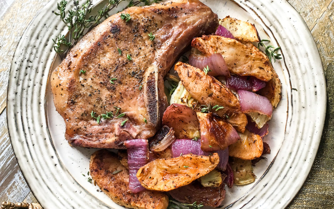 Sous Vide Bone-In Pork Chops with Roasted Apples, Fennel, & Red Onion
